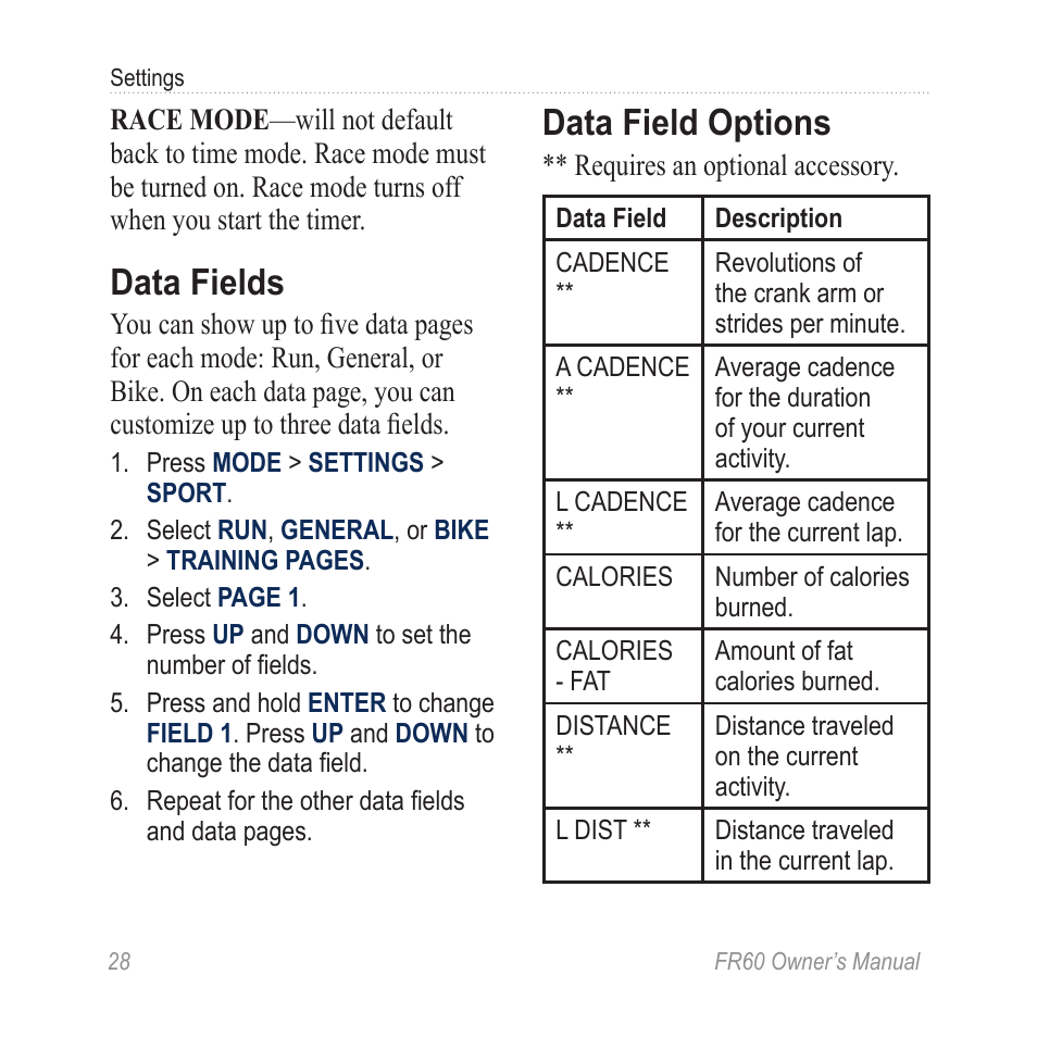 Data fields, Data field options | Graco FR60 User Manual | Page 34 / 48