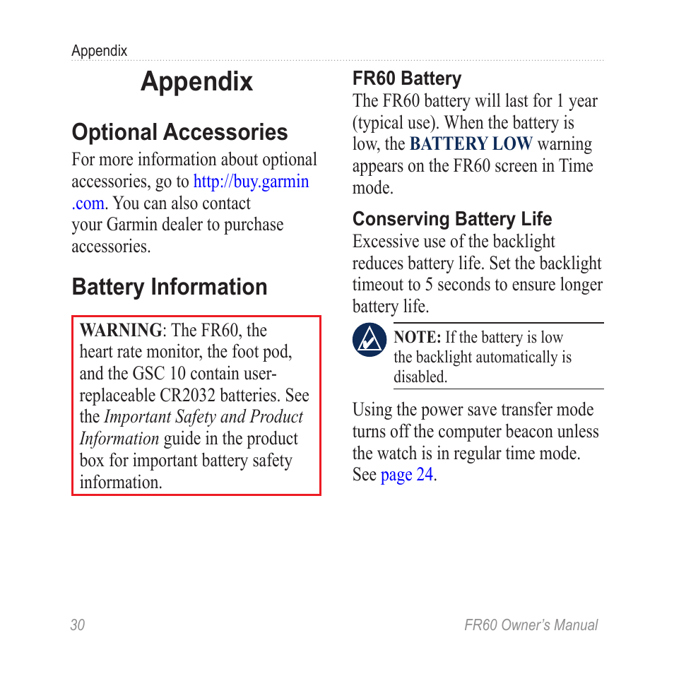 Appendix, Optional accessories, Battery information | Graco FR60 User Manual | Page 36 / 48