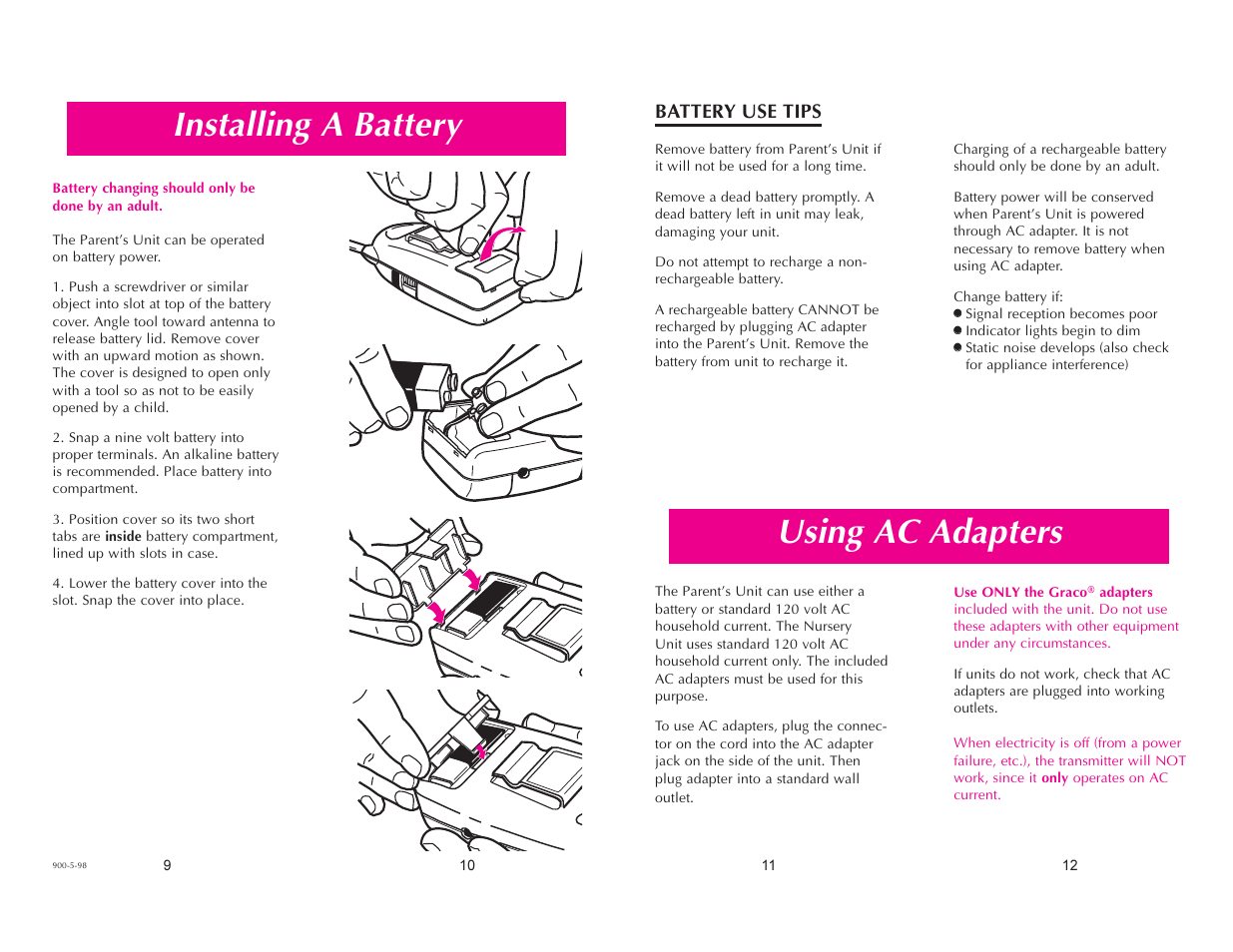 Installing a battery, Using ac adapters | Graco Ultra Clear 2700 User Manual | Page 3 / 4