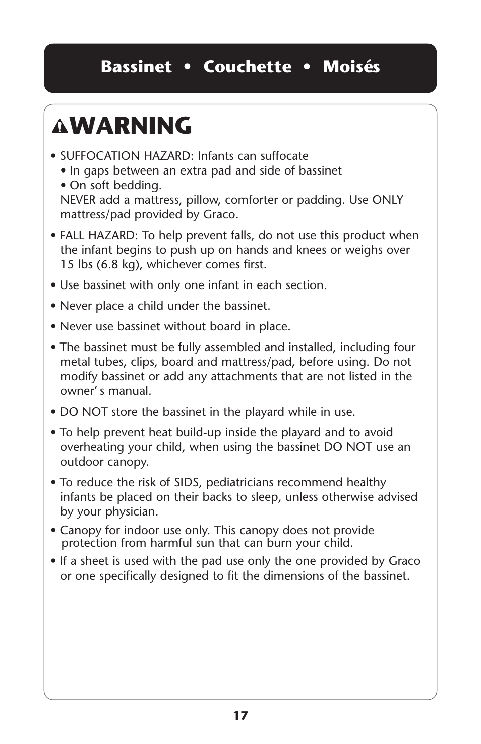 Warning, Bassinet • couchette • moisés | Graco Pack 'n Play ISPP067AC User Manual | Page 17 / 24