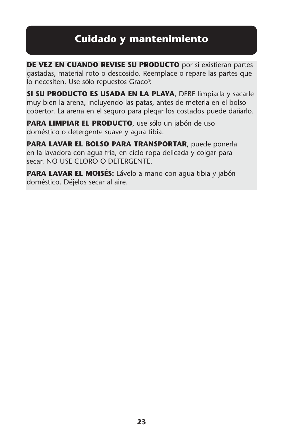 Cuidado y mantenimiento | Graco Pack 'n Play ISPP067AC User Manual | Page 23 / 24