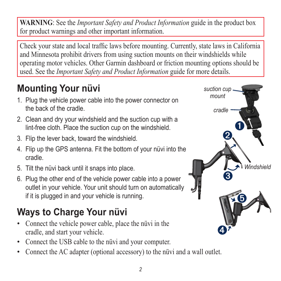 Mounting your nüvi, Ways to charge your nüvi | Garmin nuvi 650 User Manual | Page 2 / 8