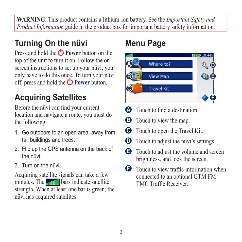 Turning on the nüvi, Acquiring satellites, Menu page | Garmin nuvi 650 User Manual | Page 3 / 8