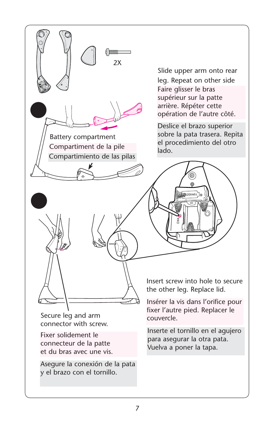 2x 3lide, Eslice &aire "attery #ompartimiento #ompartiment, Nsert )nserte )nsïrer 3ecure !segure &ixer | Graco Silhouette 1762256 User Manual | Page 7 / 40