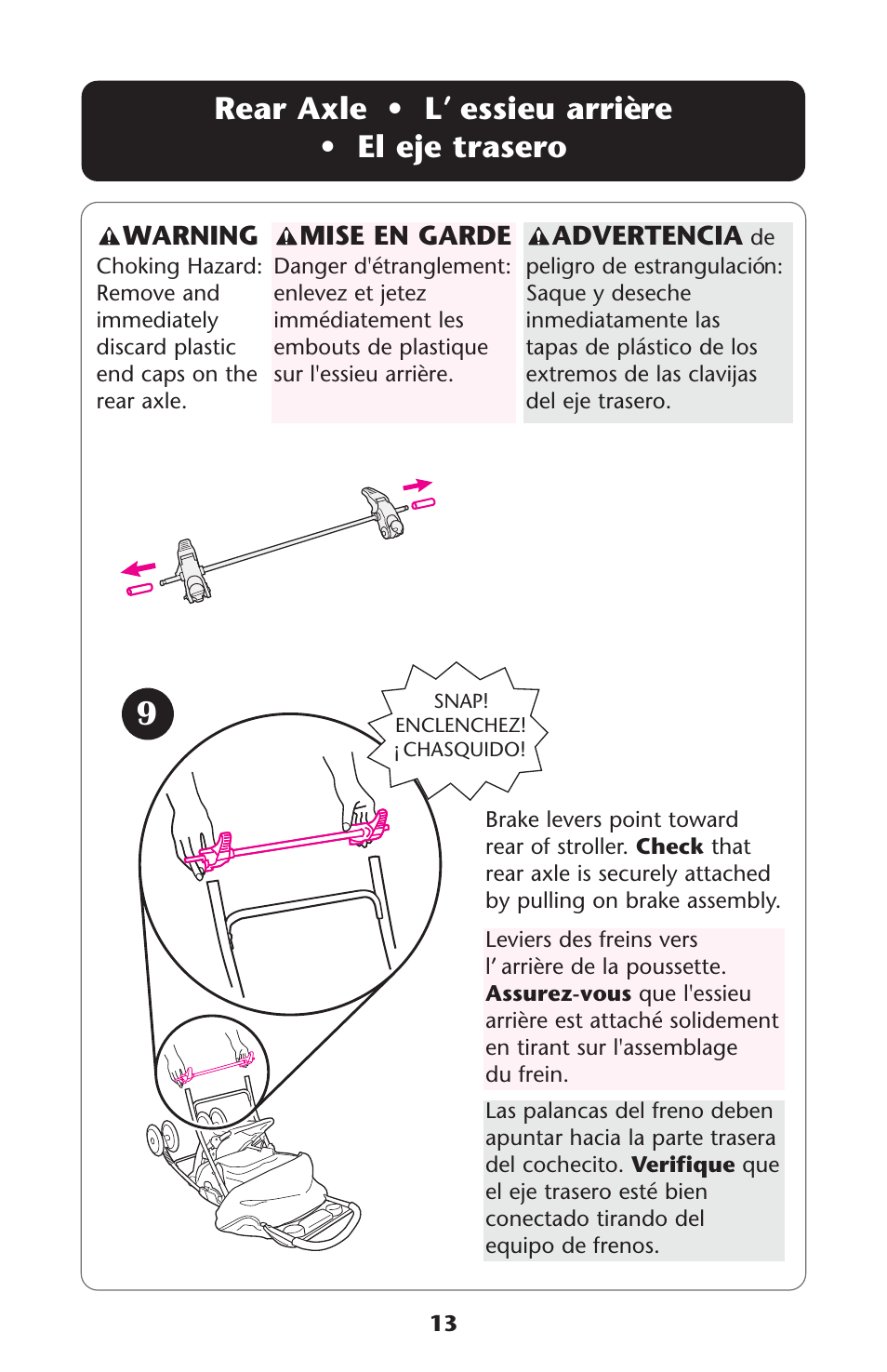 Rear axle • l’ essieu arrière • el eje trasero | Graco 1760818 User Manual | Page 13 / 112