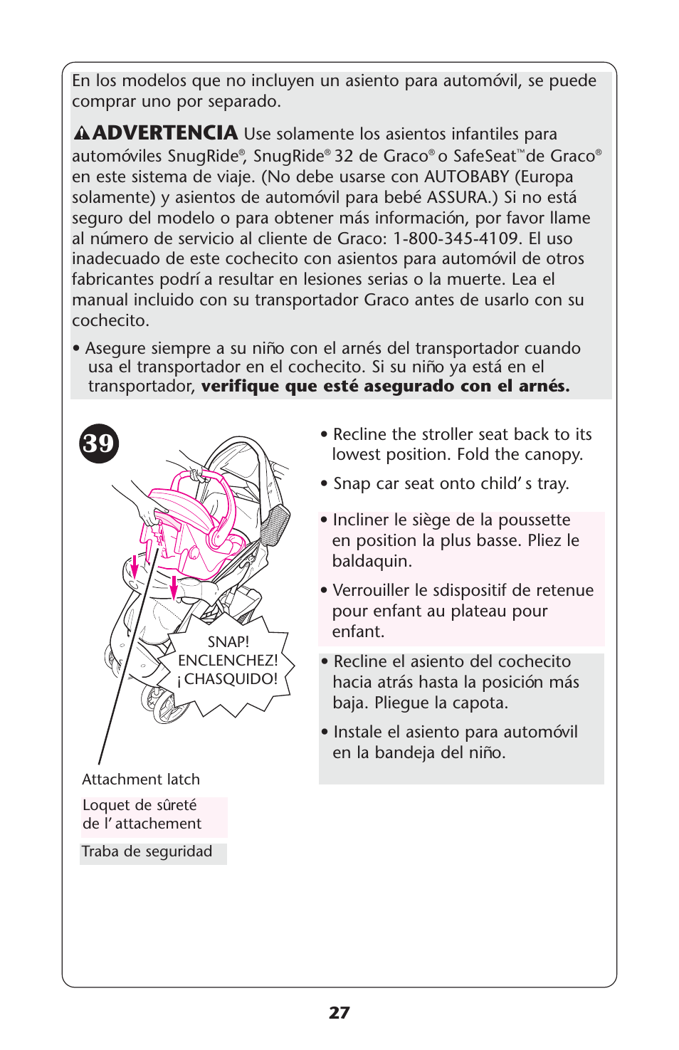 Advertencia | Graco 1760818 User Manual | Page 27 / 112