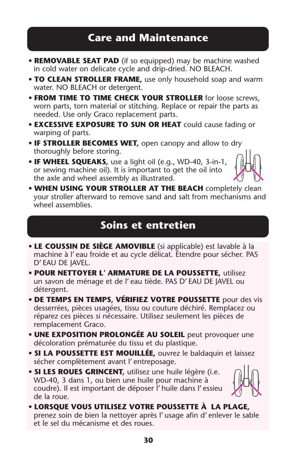 Care and maintenance, Soins et entretien | Graco 1760818 User Manual | Page 30 / 112