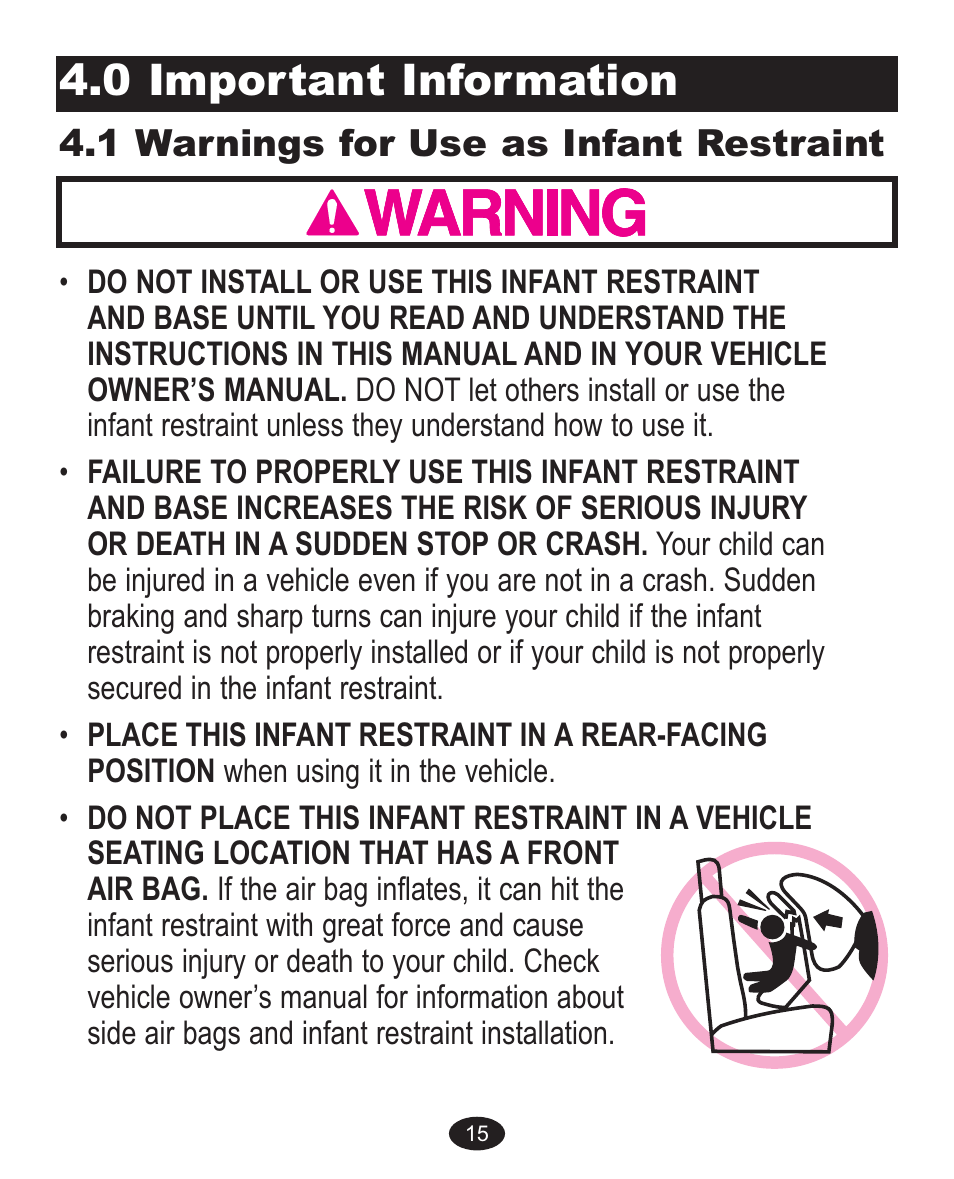 0 important information, 1 warnings for use as infant restraint | Graco 1760818 User Manual | Page 47 / 112