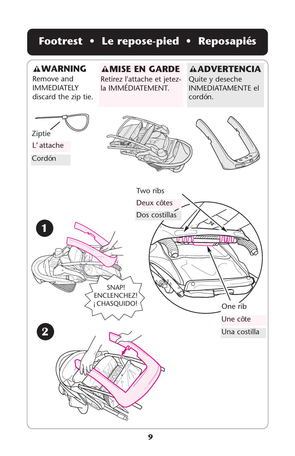 Footrest • le repose-pied • reposapiés, Advertencia, Mise en garde | Warning | Graco 1760818 User Manual | Page 9 / 112