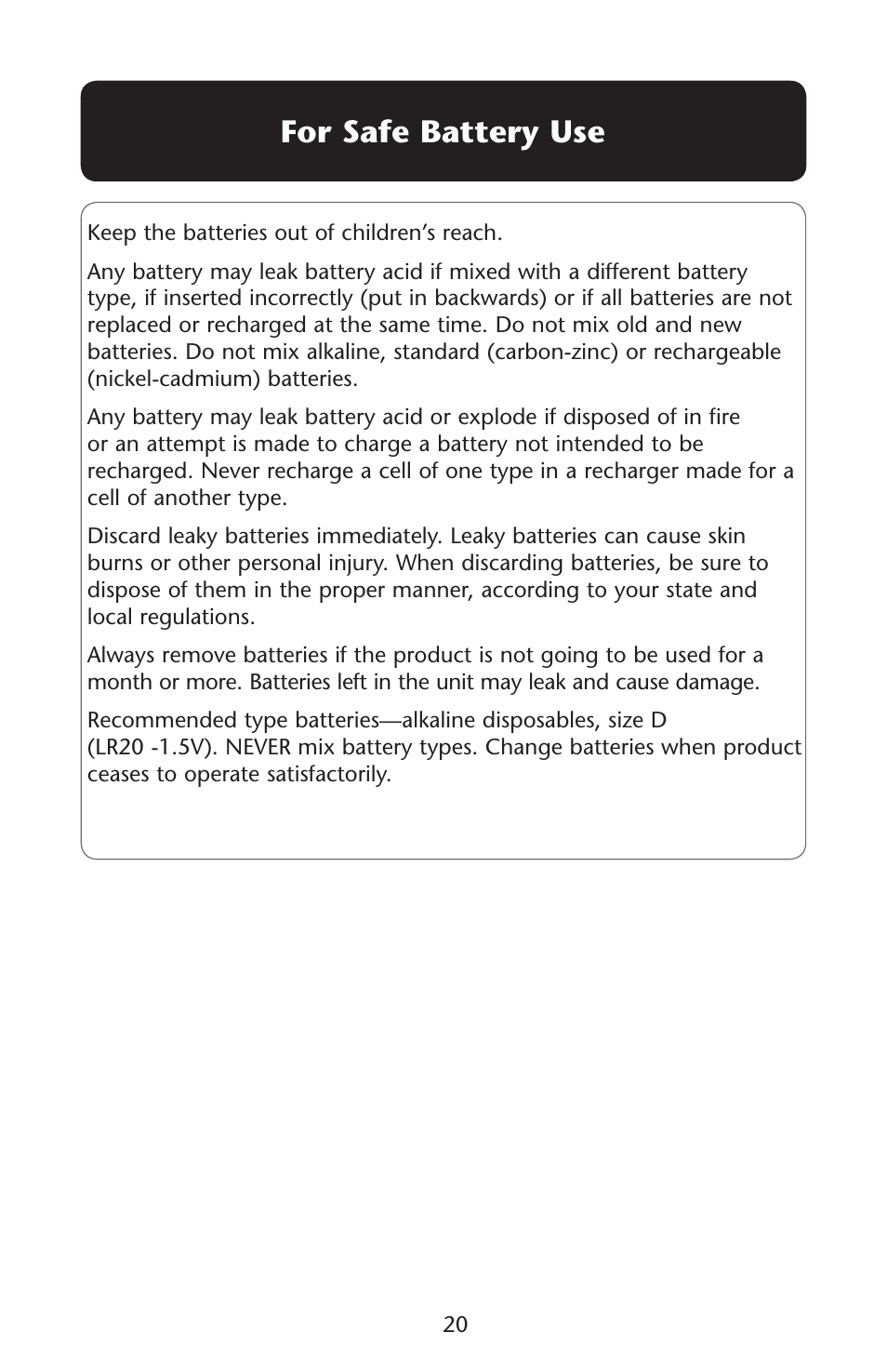 For safe battery use | Graco Silhouette 1761304 User Manual | Page 20 / 44