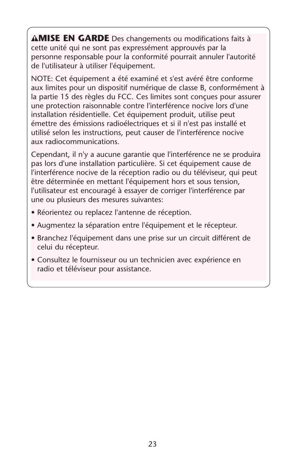 Mise en garde | Graco Silhouette 1761304 User Manual | Page 23 / 44