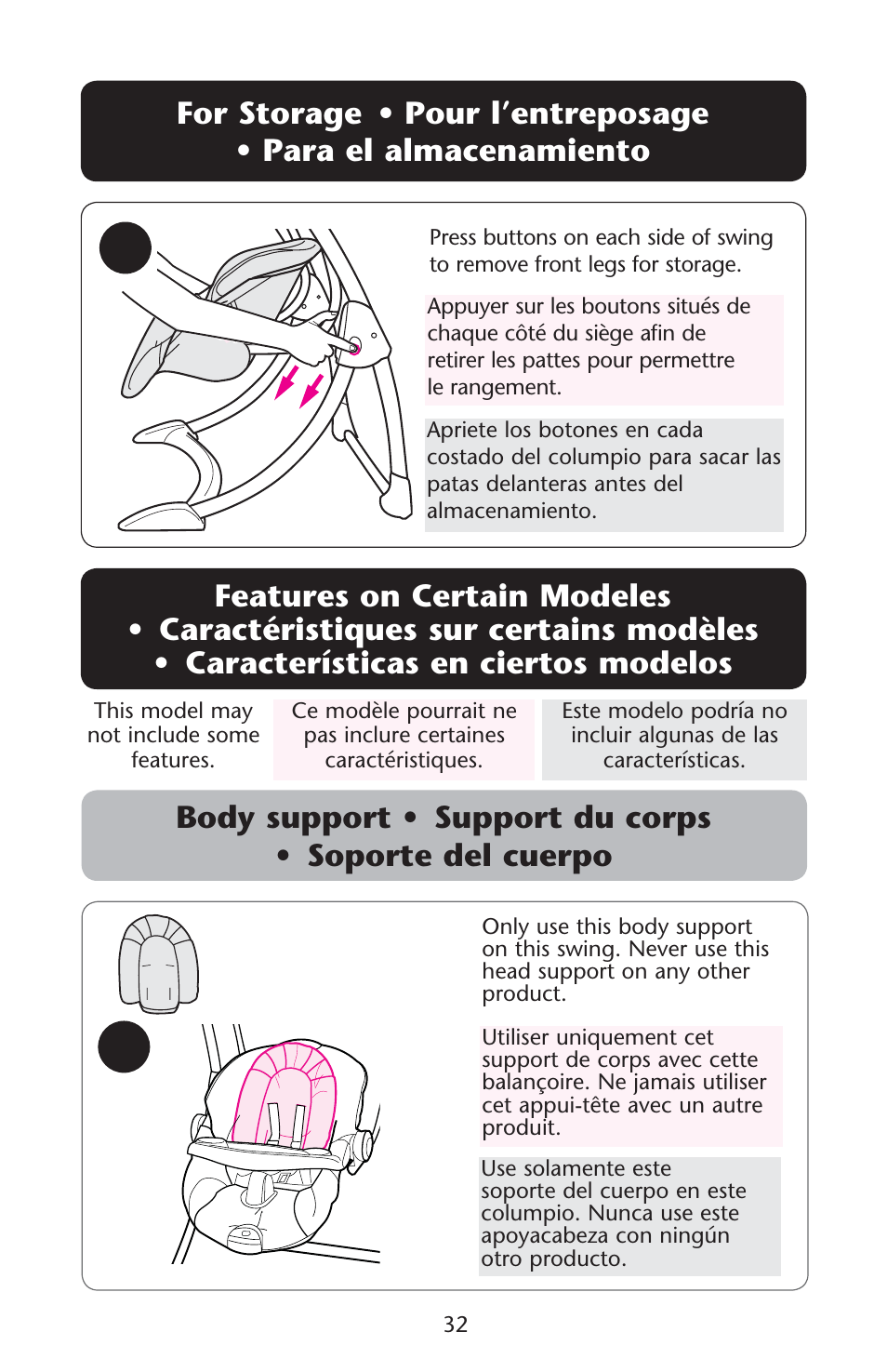 Ody s features on certain modeles s s, Or s | Graco Silhouette 1761304 User Manual | Page 32 / 44
