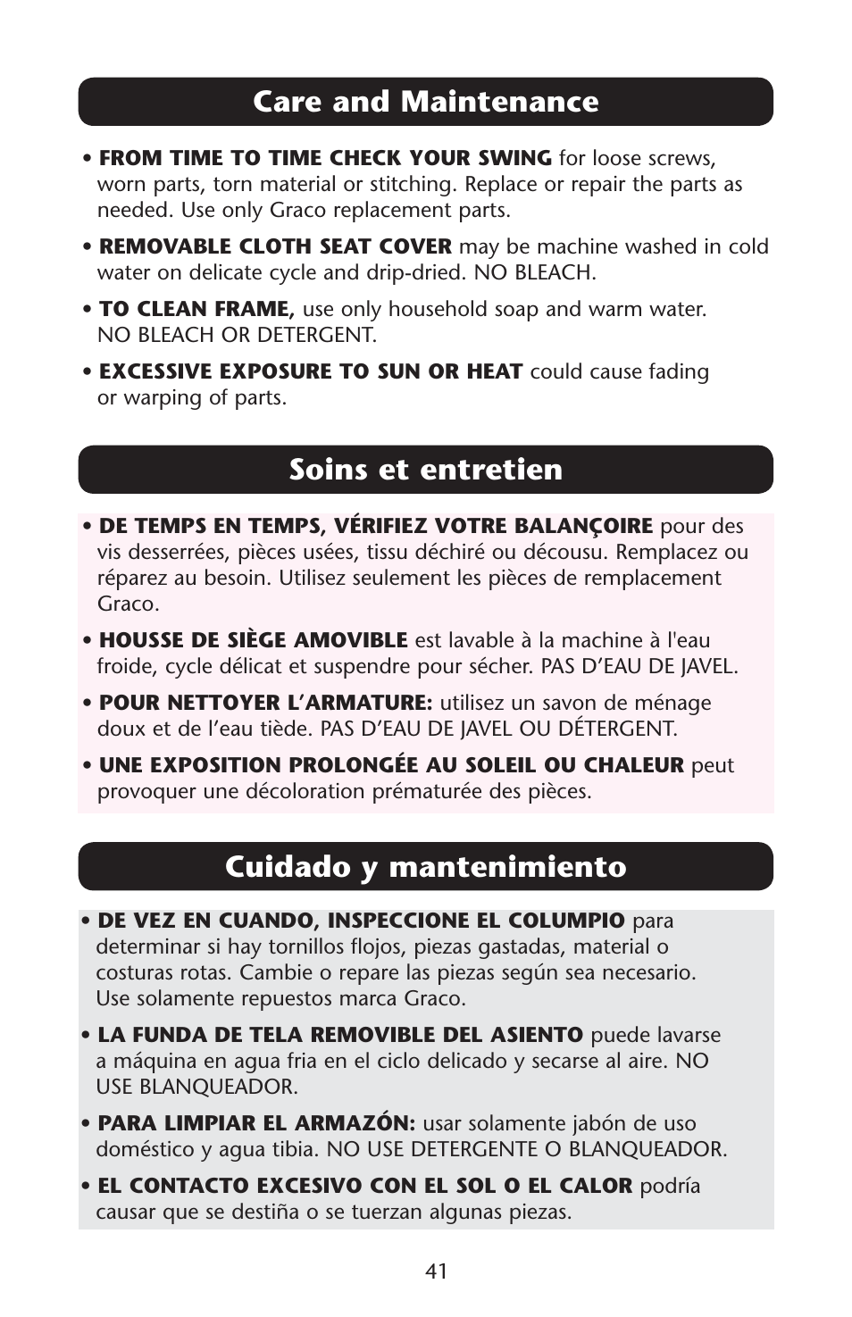Care and maintenance, Soins et entretien, Cuidado y mantenimiento | Graco Silhouette 1761304 User Manual | Page 41 / 44
