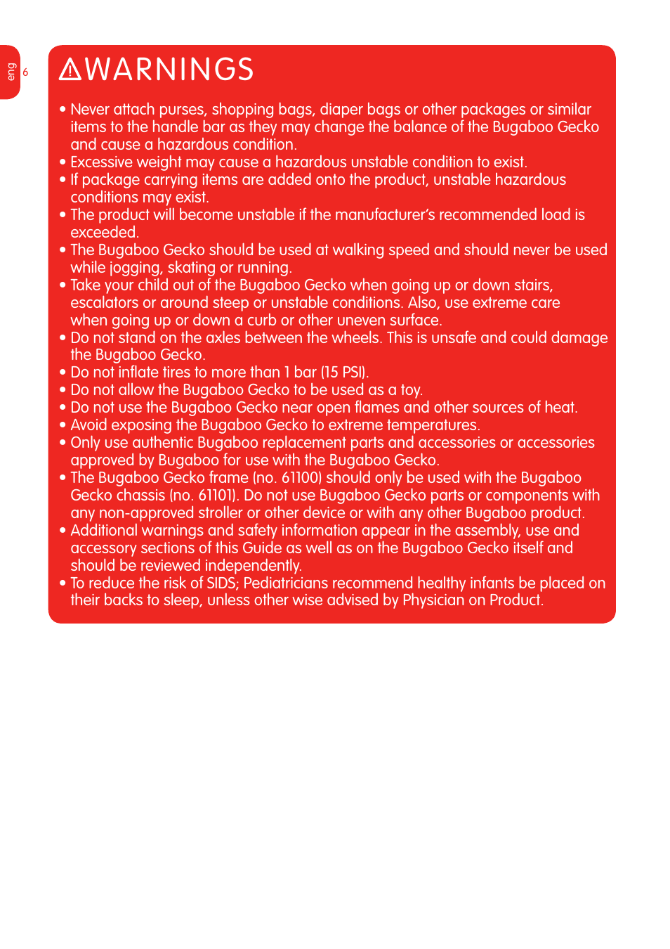 Warnings | Graco Bugaboo Stroller User Manual | Page 8 / 42