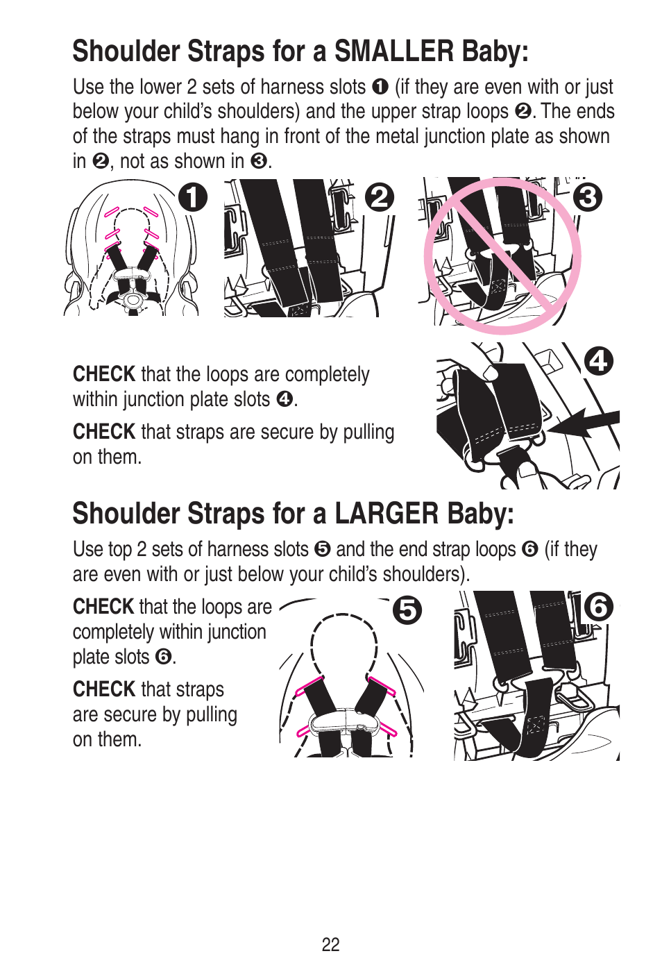 Shoulder straps for a larger baby, Shoulder straps for a smaller baby | Graco SNUGRIDE 30 PD115793C User Manual | Page 22 / 88