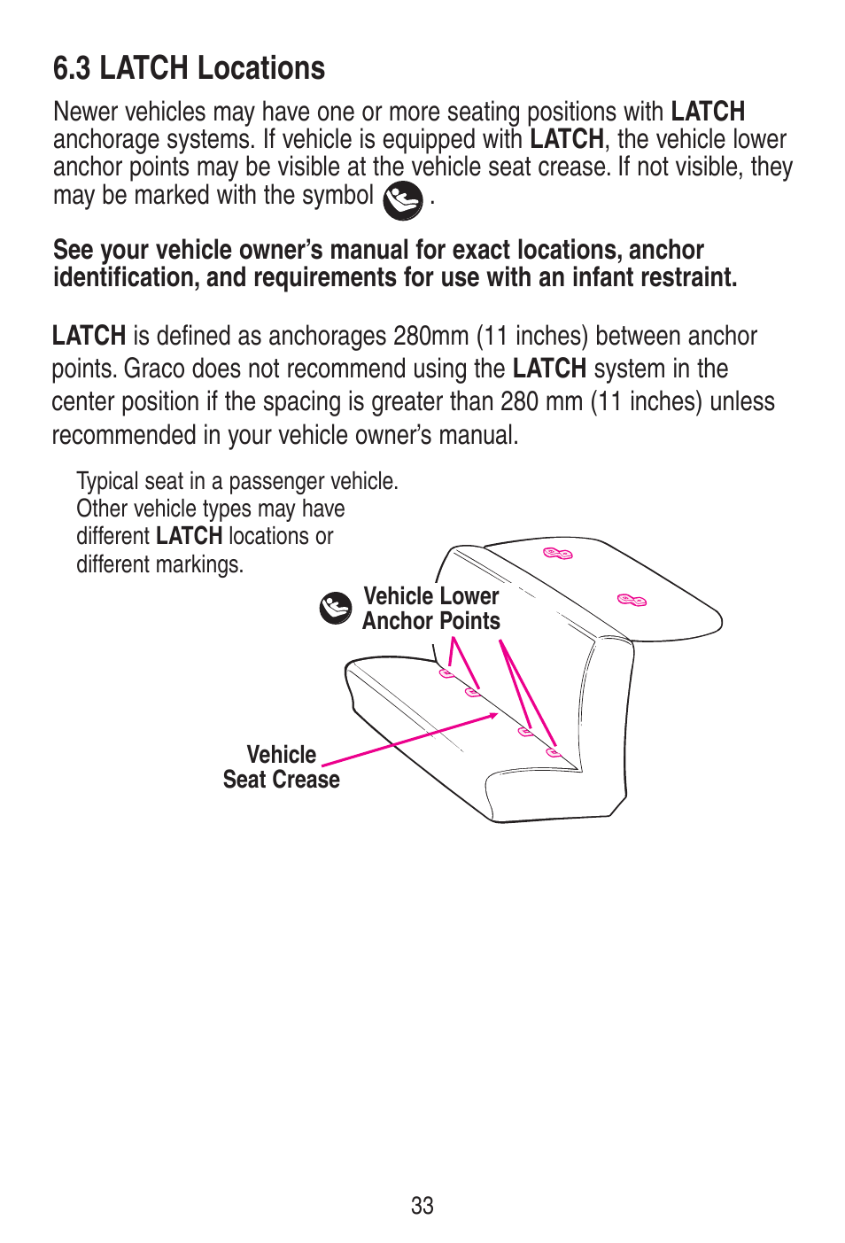 3 latch locations | Graco SNUGRIDE 30 PD115793C User Manual | Page 33 / 88