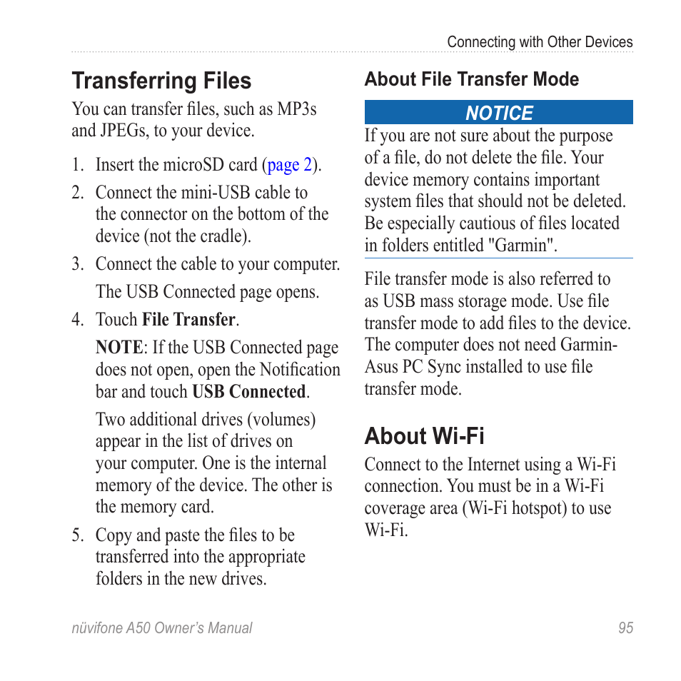 Transferring files, About wi-fi | Graco NUVIFONE A50 User Manual | Page 103 / 136