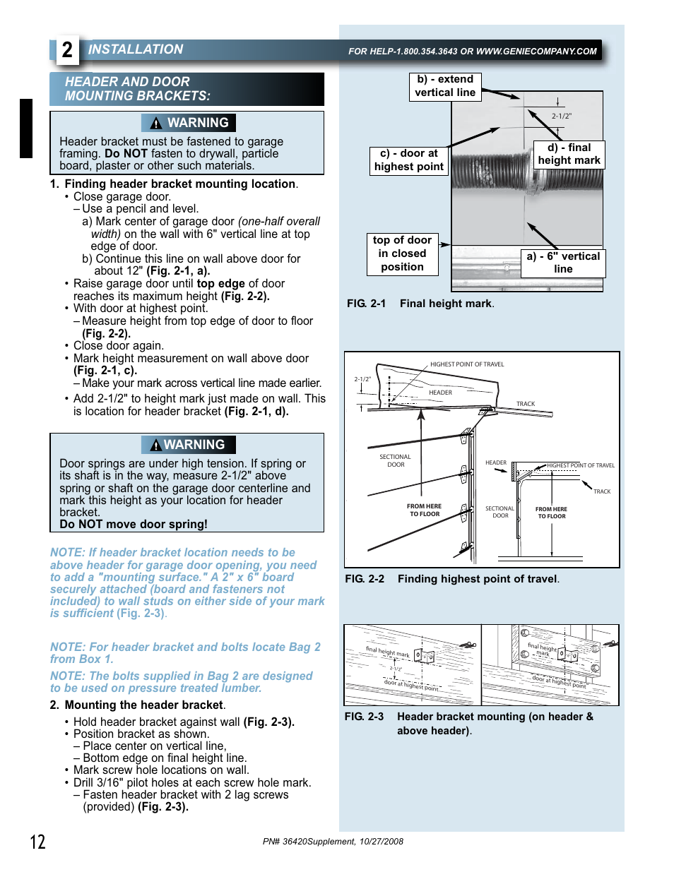 Installation, Header and door mounting brackets, Warning | Genie BeltLift 1022 User Manual | Page 12 / 66
