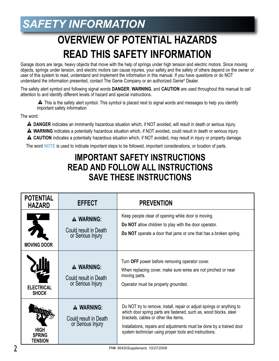 Safety information | Genie BeltLift 1022 User Manual | Page 2 / 66