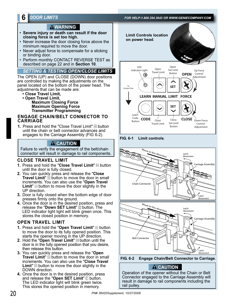 Door limits, Setting & testing open/close limits, Warning | Close travel limit, Open travel limit, Caution engage chain/belt connector to carriage, Caution | Genie BeltLift 1022 User Manual | Page 20 / 66