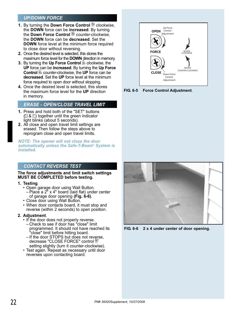 Contact reverse test, Up/down force erase - open/close travel limit | Genie BeltLift 1022 User Manual | Page 22 / 66