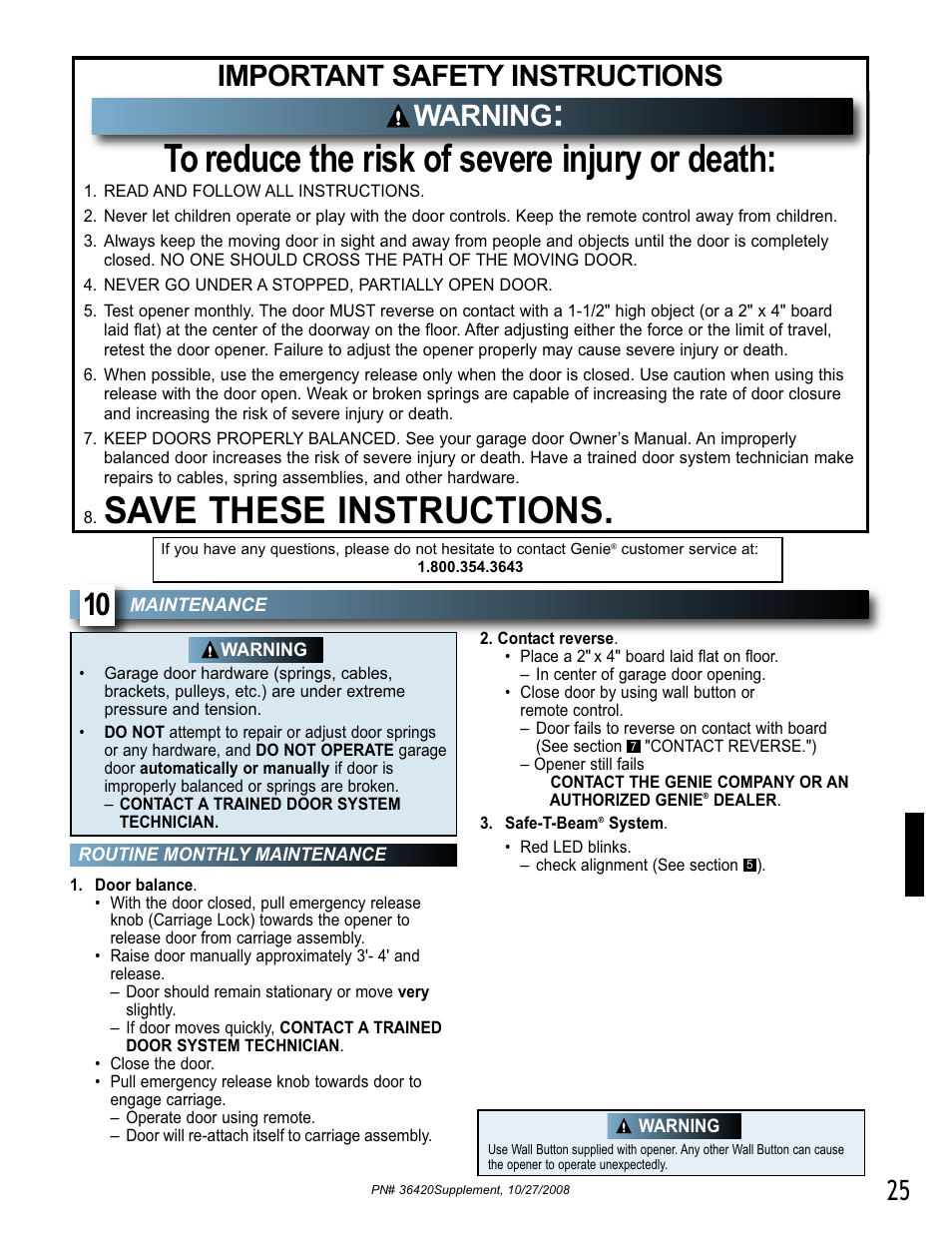 Save these instructions, Important safety instructions, Warning | Genie BeltLift 1022 User Manual | Page 25 / 66