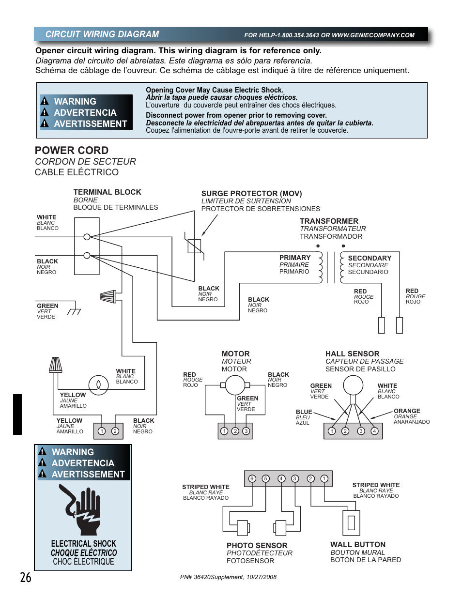 Power cord, Circuit wiring diagram, Cordon de secteur cable eléctrico | Genie BeltLift 1022 User Manual | Page 26 / 66