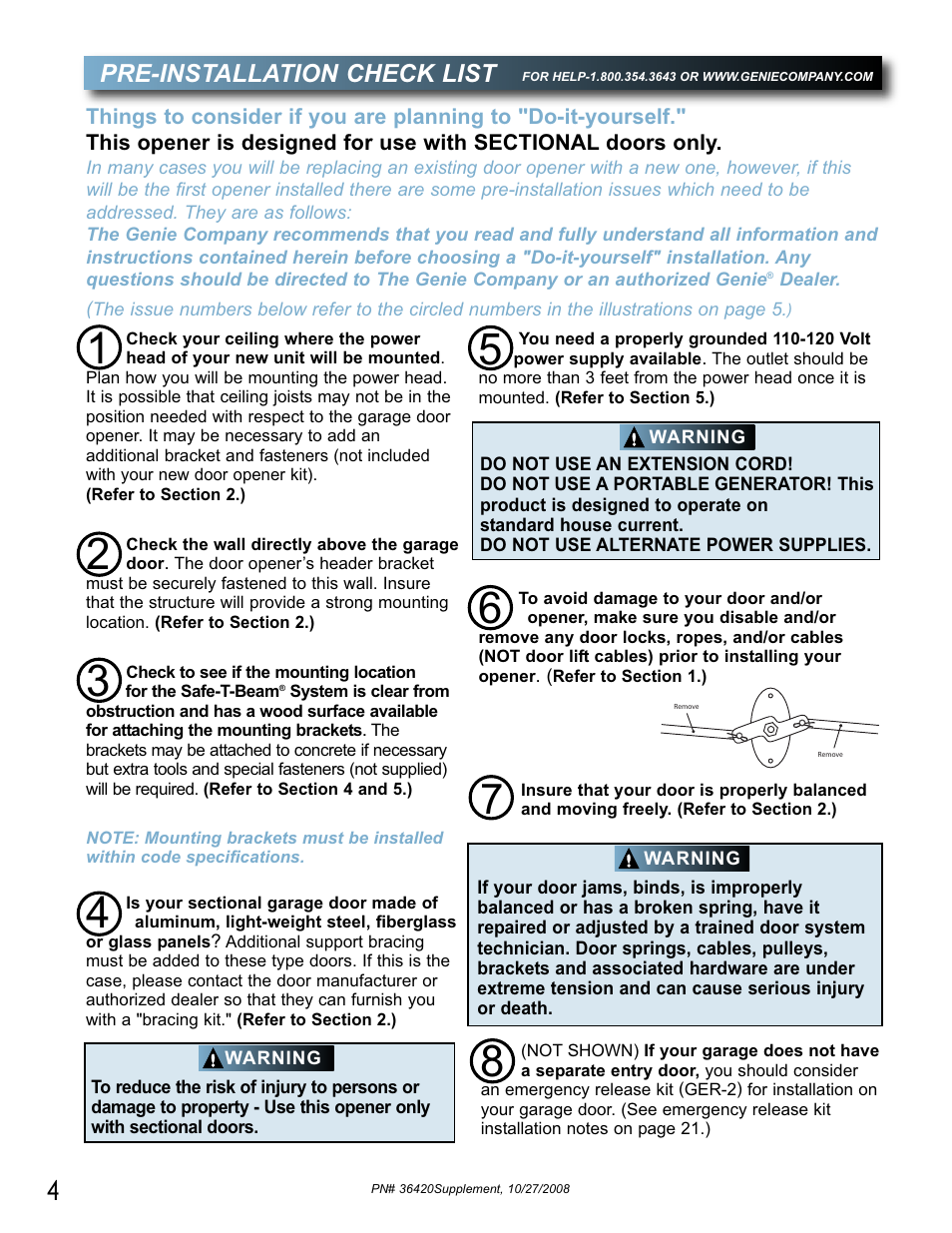 Pre-installation check list | Genie BeltLift 1022 User Manual | Page 4 / 66