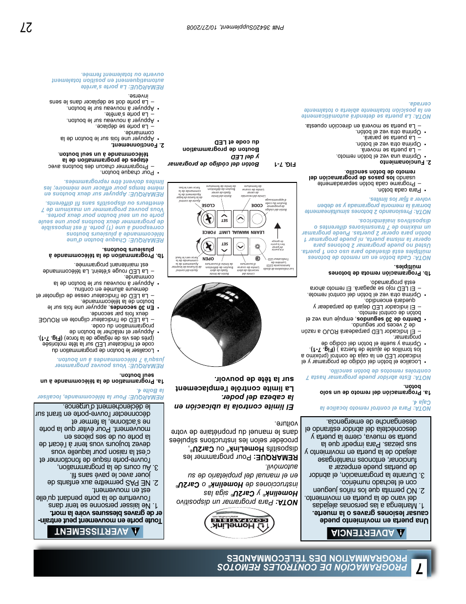 Advertencia, Avertissement, Nota: para programar un dispositivo homelink | Y car2u, Siga las instrucciones de homelink, O car2u, Ou car2u | Genie BeltLift 1022 User Manual | Page 40 / 66