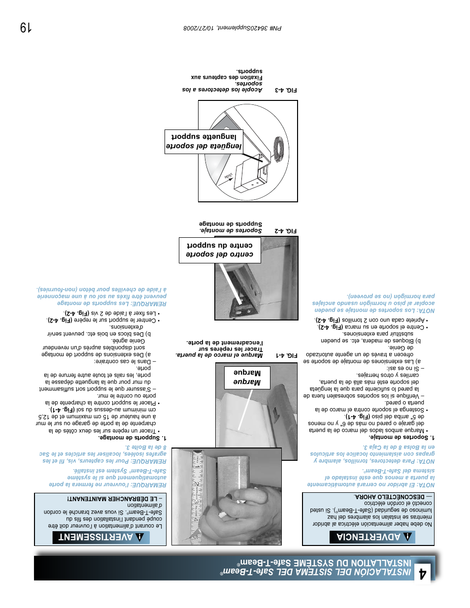 Instalación del sistema del safe-t-beam, Installa tion du système safe-t-beam, Avertissement | Advertencia | Genie BeltLift 1022 User Manual | Page 48 / 66