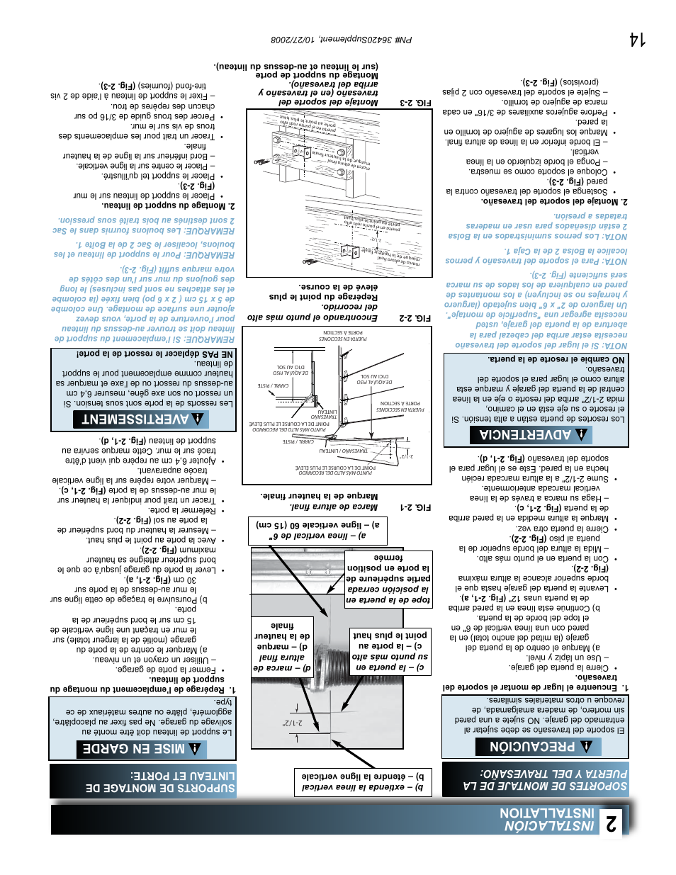 Instalación installa tion, Precaución advertencia, Mise en garde avertissement | Supports de montage de linteau et porte | Genie BeltLift 1022 User Manual | Page 53 / 66