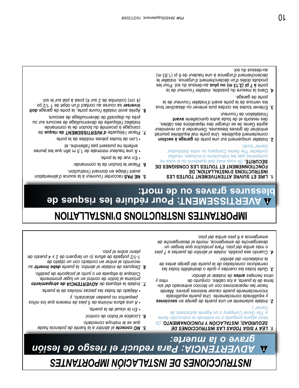 Instrucciones de instalación impor tantes, Importantes instructions d’inst allation | Genie BeltLift 1022 User Manual | Page 57 / 66