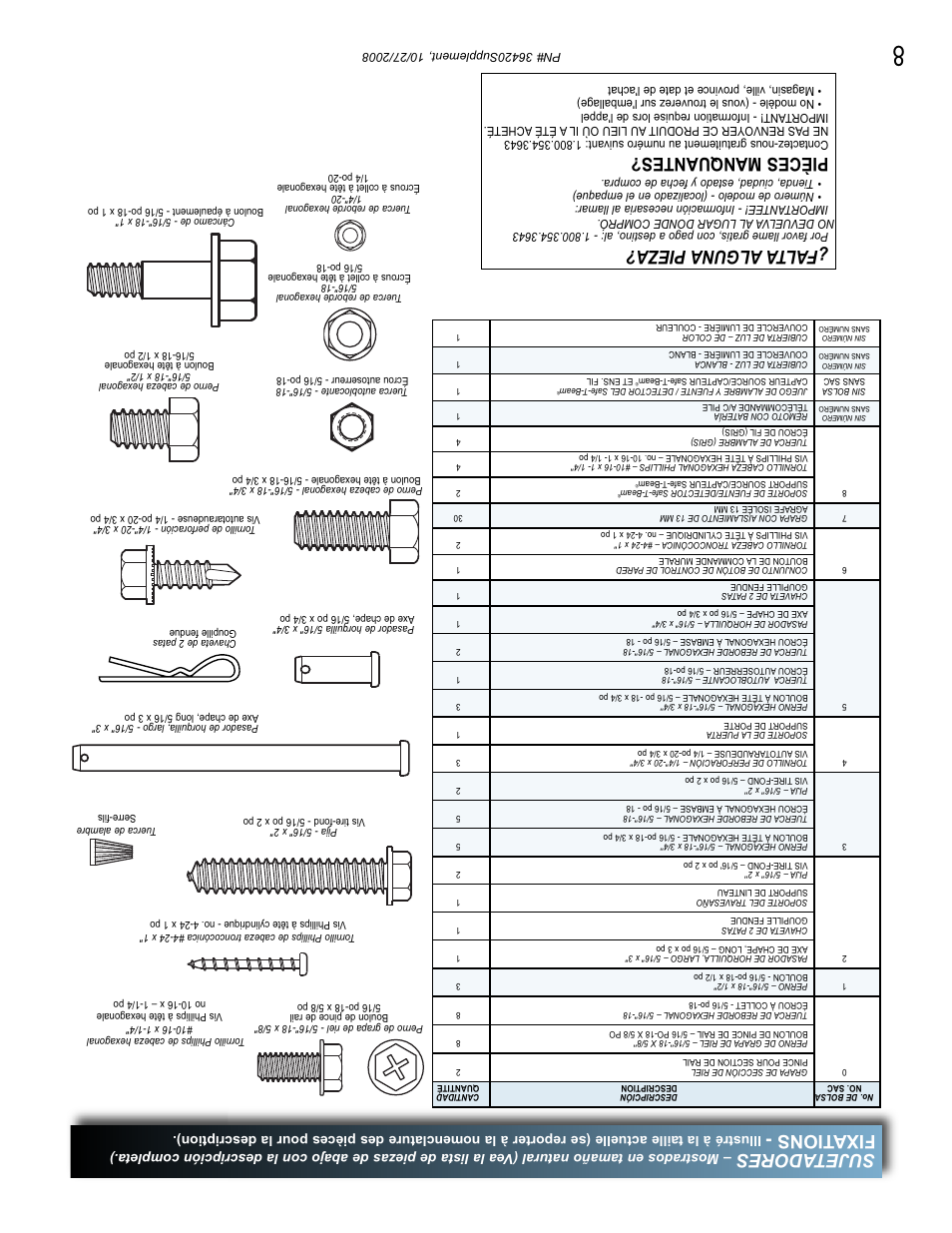 Sujetadores, Fixations, Fal ta alguna pieza | Pièces manquantes | Genie BeltLift 1022 User Manual | Page 59 / 66
