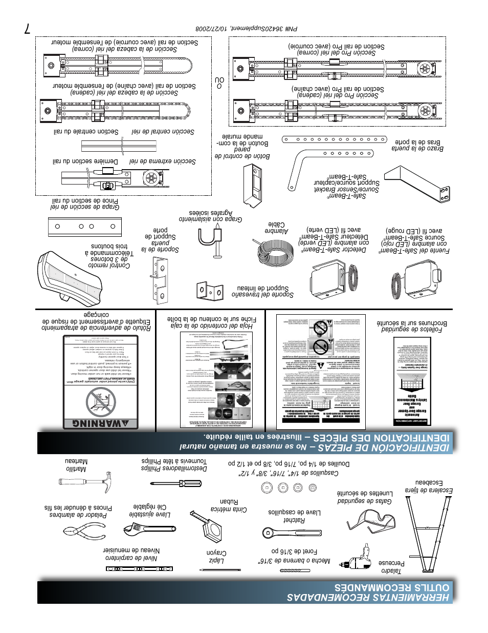 Herramientas recomendadas outils recommandés, Identificación de piezas, Identification des pièces | No se muestra en tamaño natural, Illustrées en taille réduite, Con alambre (led rojo ) source safe-t-beam, Avec fil (led rouge) detector safe-t-beam, Con alambre (led verde) détecteur safe-t-beam | Genie BeltLift 1022 User Manual | Page 60 / 66