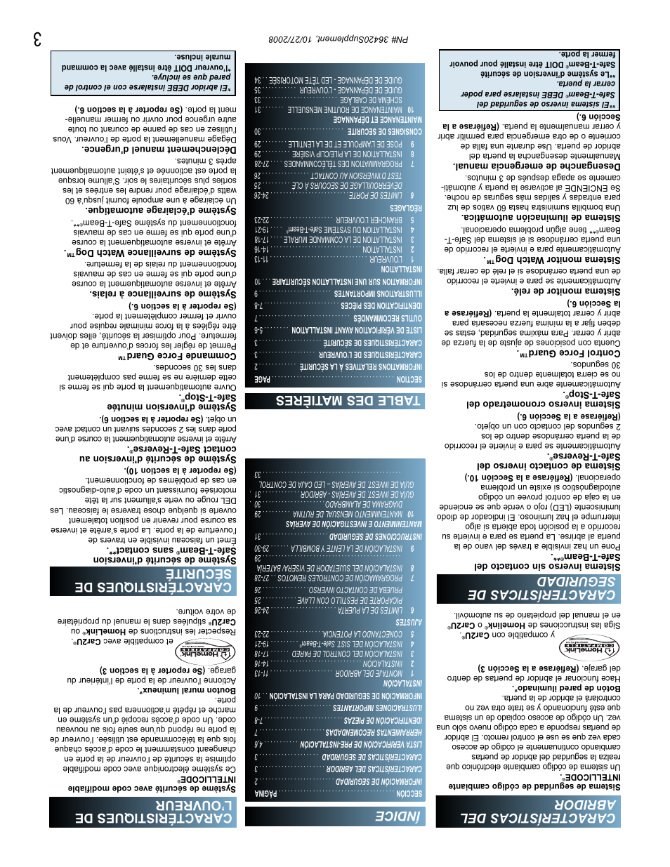 Características del abridor, Características de seguridad, Caractéristiques de l’ouvreur | Caractéristiques de sécurité, Table des ma tières, Índice | Genie BeltLift 1022 User Manual | Page 64 / 66