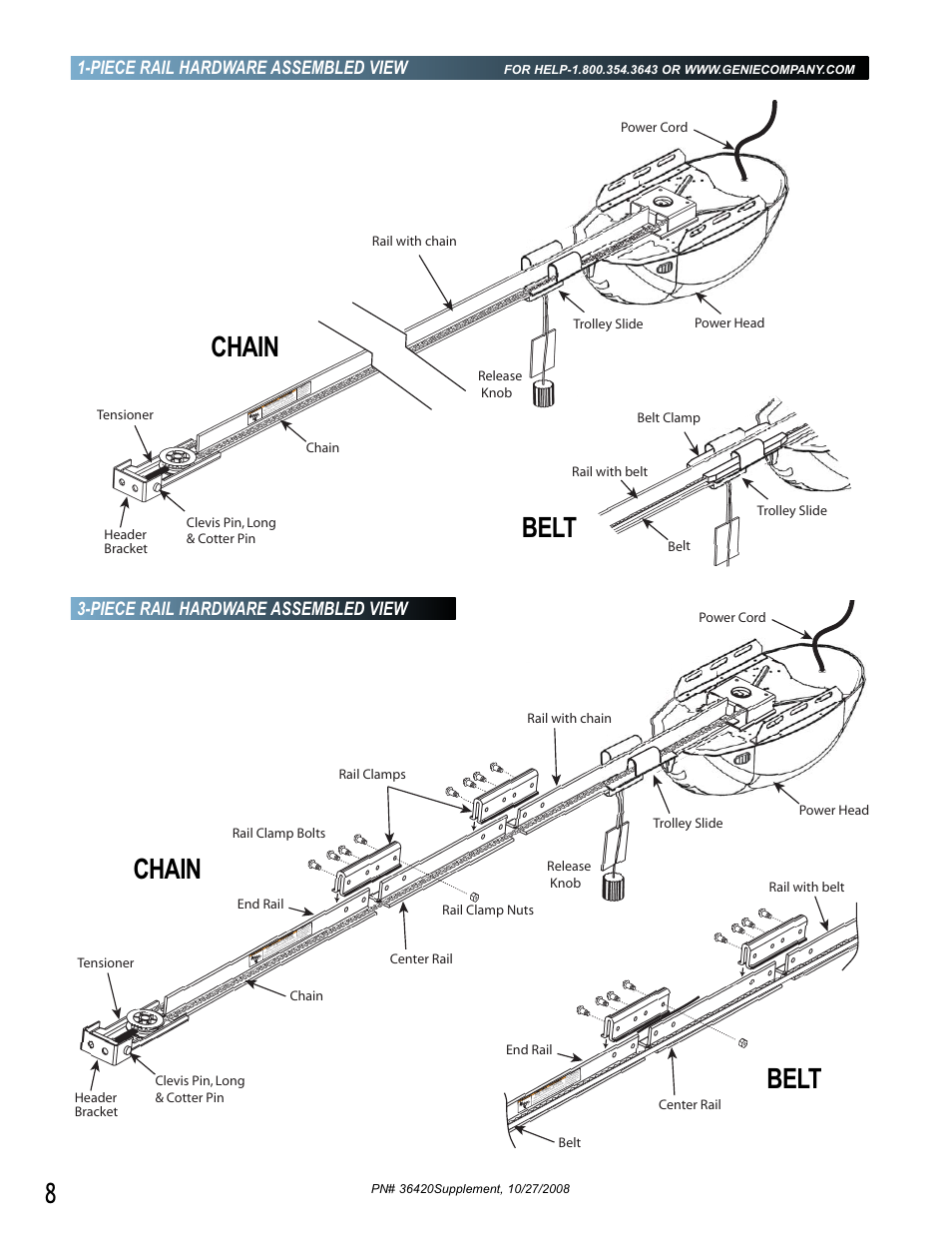 Chain, Chain belt belt, Piece rail hardware assembled view | Genie BeltLift 1022 User Manual | Page 8 / 66