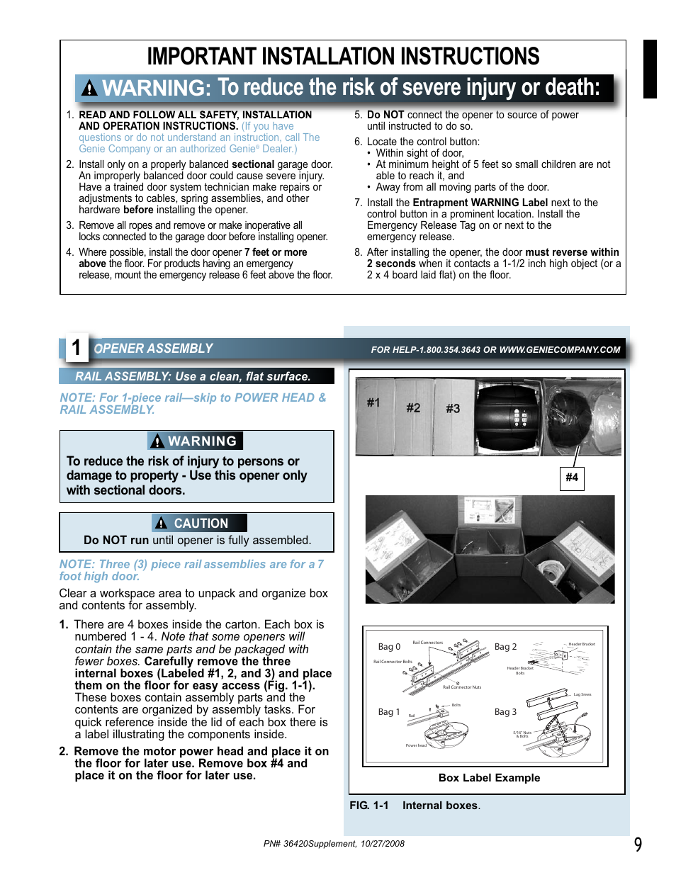 Important installation instructions, Warning, Opener assembly | Caution | Genie BeltLift 1022 User Manual | Page 9 / 66