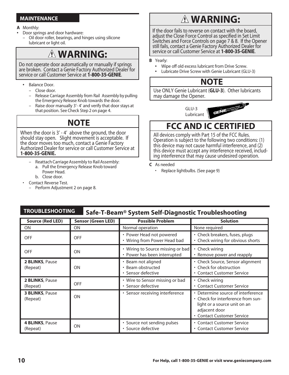 Warning, Fcc and ic certified | Genie DirectLift 3060 User Manual | Page 10 / 14