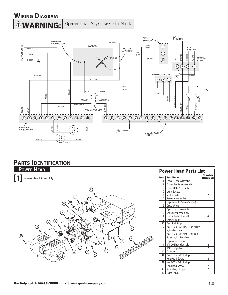 Warning, Arts, Dentification | Power head parts list, Iring, Iagram, Opening cover may cause electric shock, Ower | Genie DirectLift 3060 User Manual | Page 12 / 14