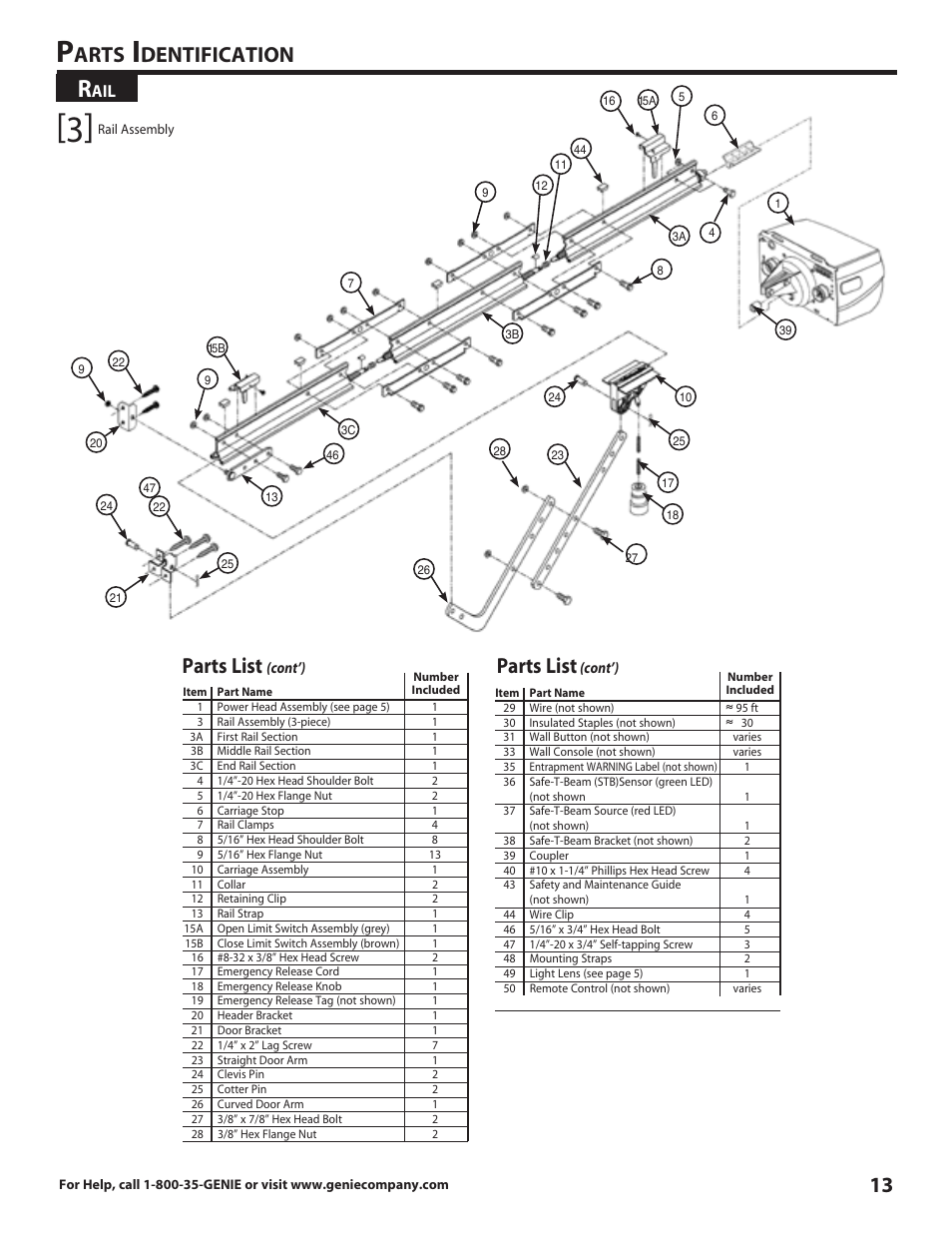Arts, Dentification, Parts list | Genie DirectLift 3060 User Manual | Page 13 / 14