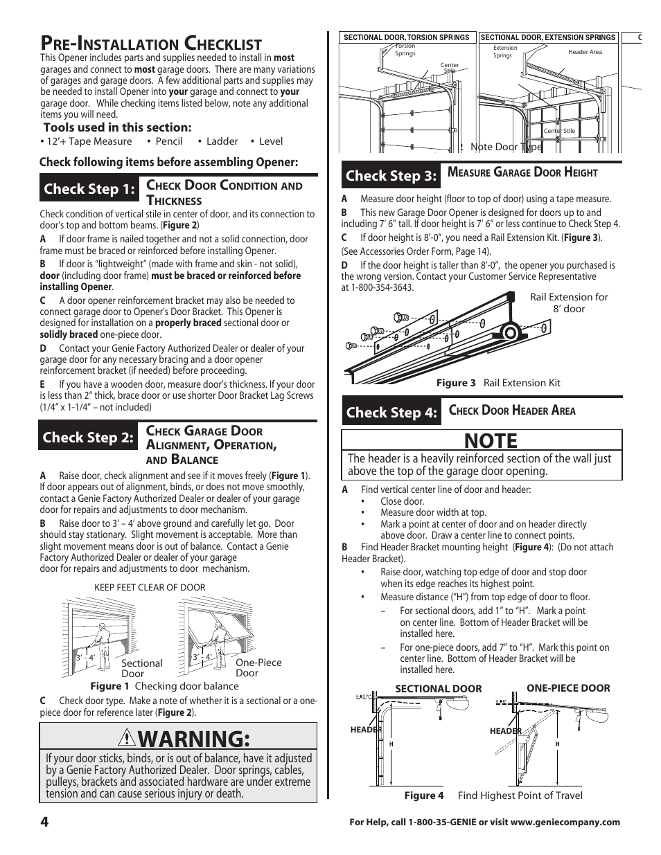 Warning, Check step 3, Nstallation | Hecklist, Check step 1, Check step 2, Check step 4 | Genie DirectLift 3060 User Manual | Page 4 / 14