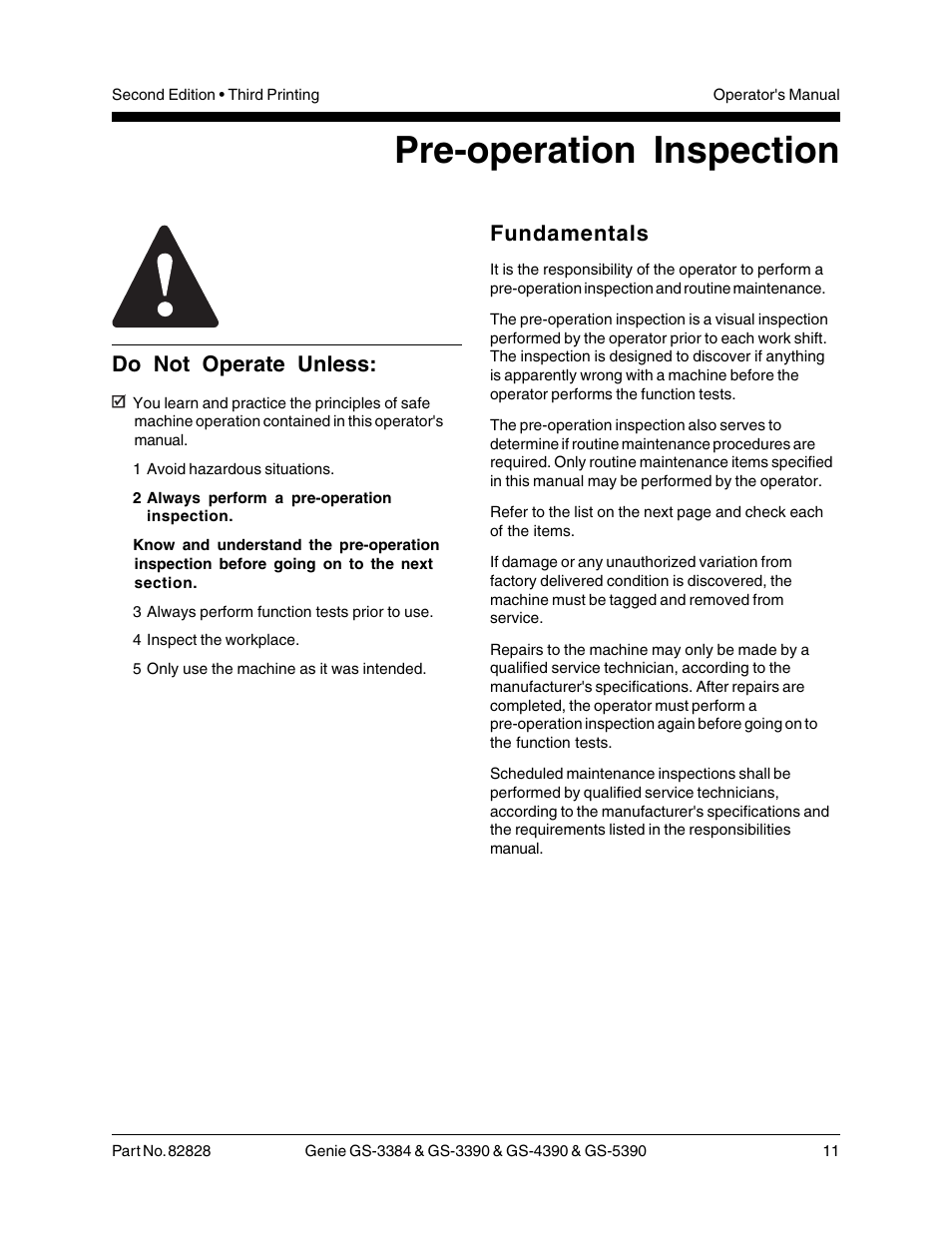 Pre-operation inspection, Do not operate unless, Fundamentals | Genie GS-5390 User Manual | Page 13 / 36