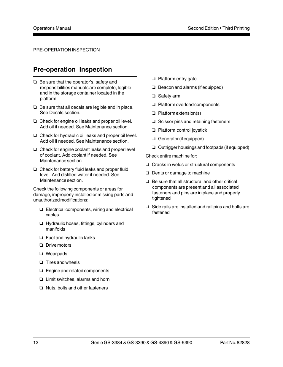 Pre-operation inspection | Genie GS-5390 User Manual | Page 14 / 36