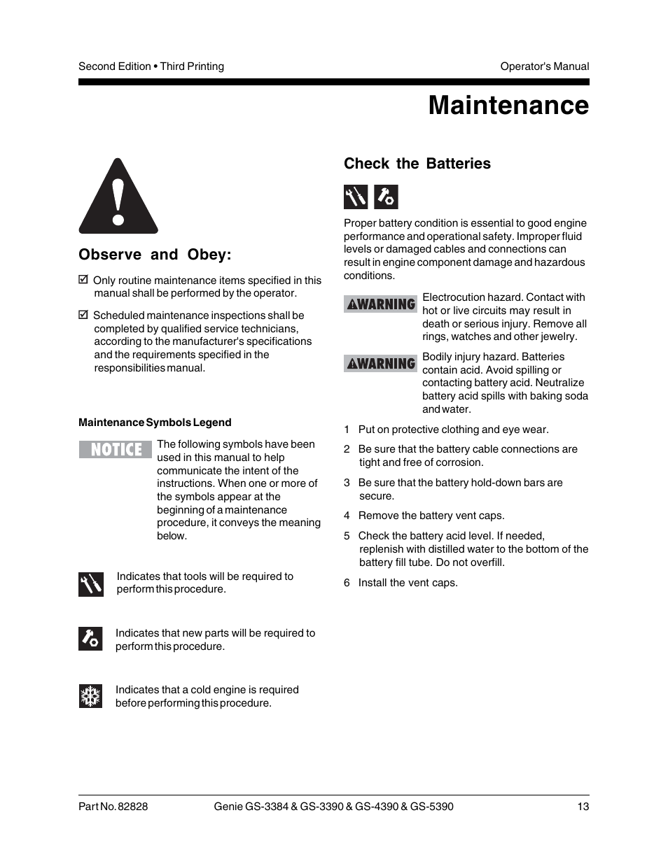 Maintenance, Observe and obey, Check the batteries | Genie GS-5390 User Manual | Page 15 / 36