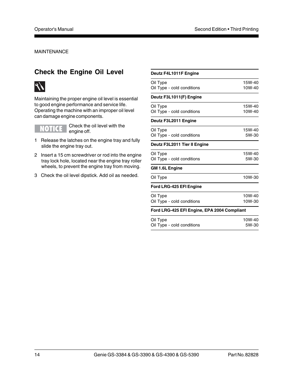 Check the engine oil level | Genie GS-5390 User Manual | Page 16 / 36
