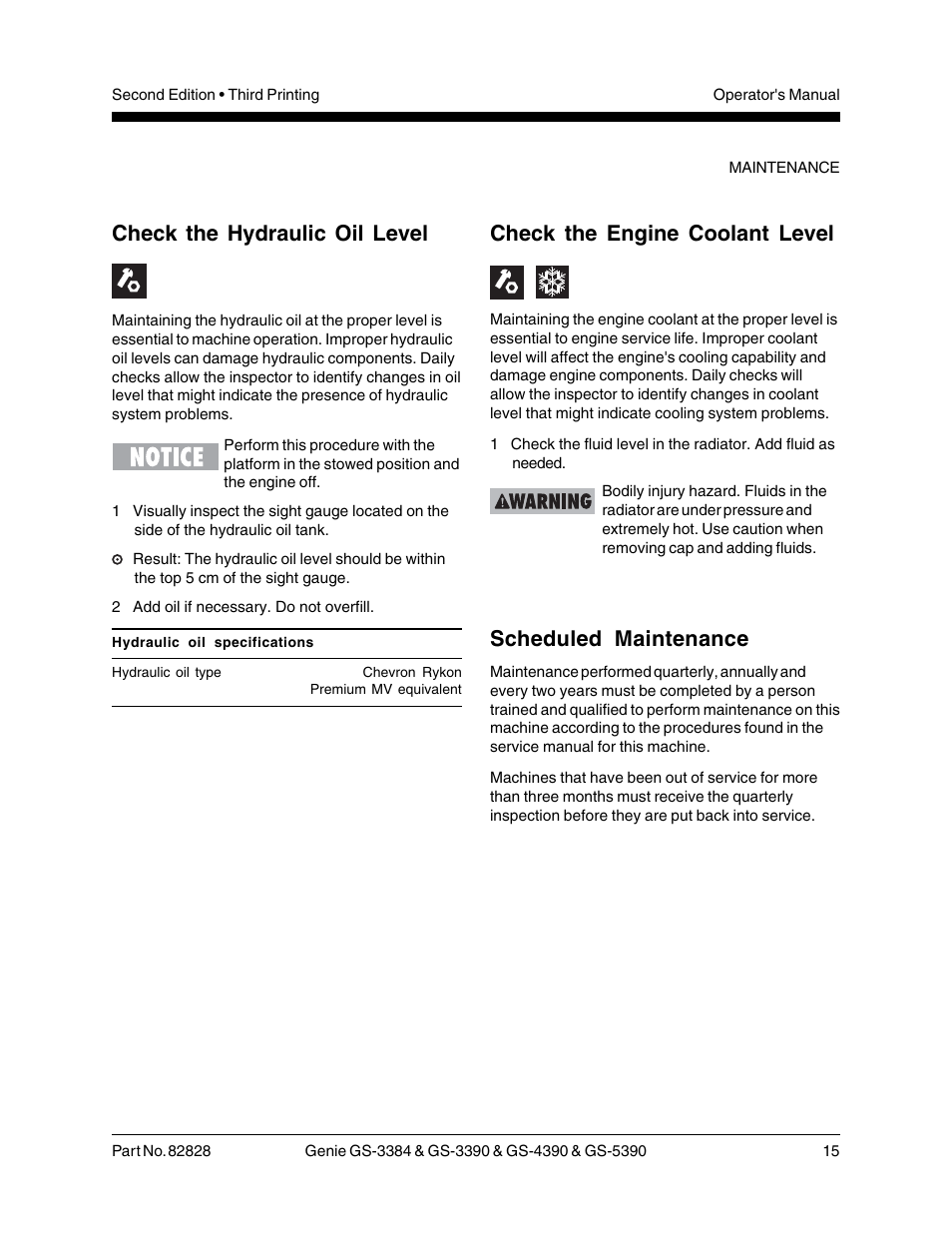 Check the engine coolant level, Scheduled maintenance, Check the hydraulic oil level | Genie GS-5390 User Manual | Page 17 / 36