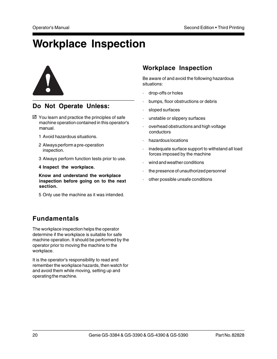 Workplace inspection, Do not operate unless, Fundamentals | Genie GS-5390 User Manual | Page 22 / 36