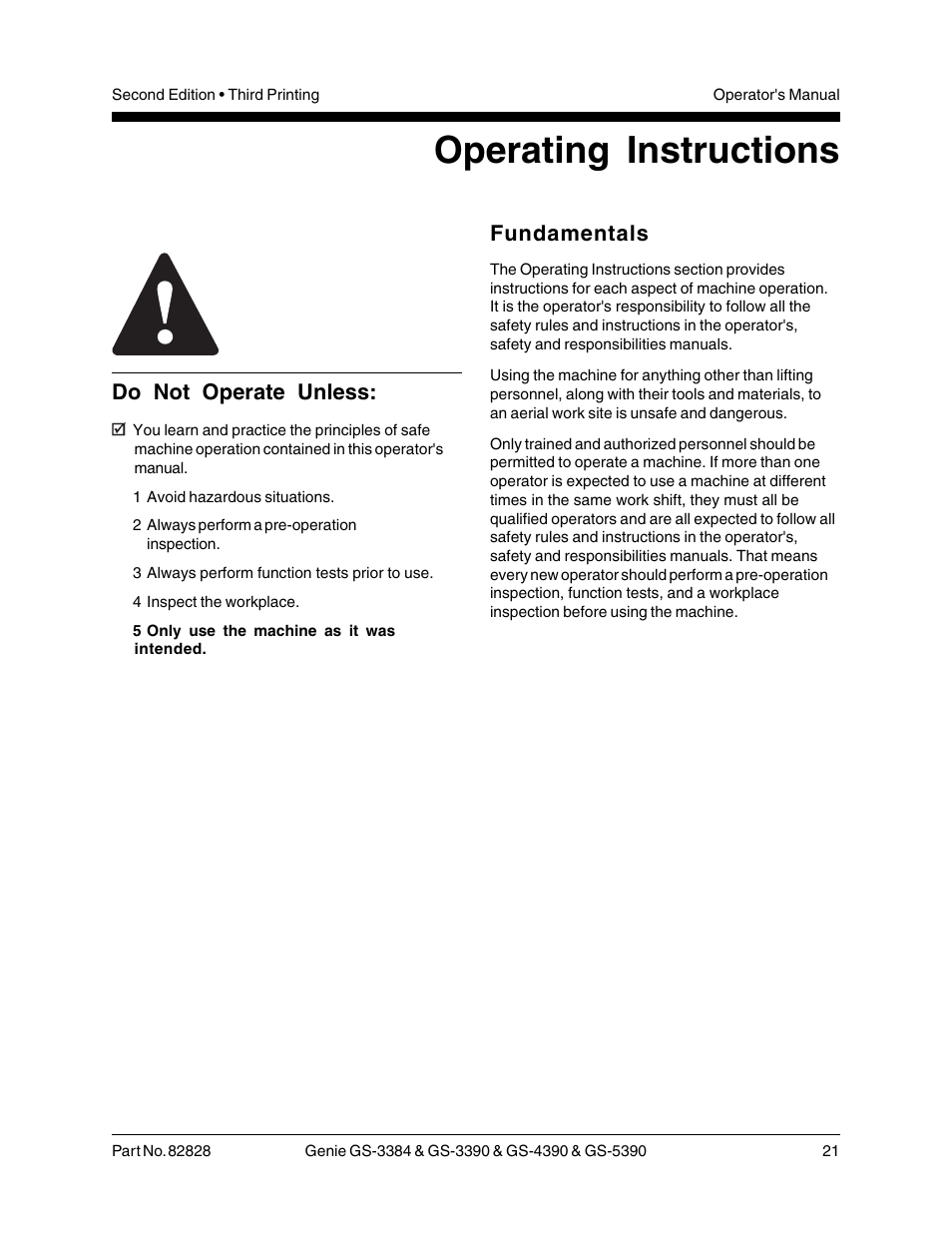 Operating instructions, Do not operate unless, Fundamentals | Genie GS-5390 User Manual | Page 23 / 36