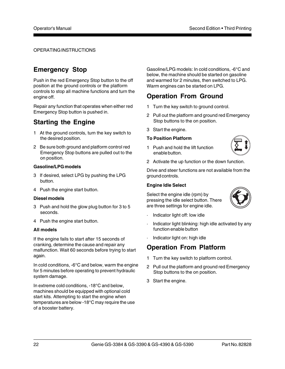 Operation from ground, Operation from platform, Emergency stop | Starting the engine | Genie GS-5390 User Manual | Page 24 / 36