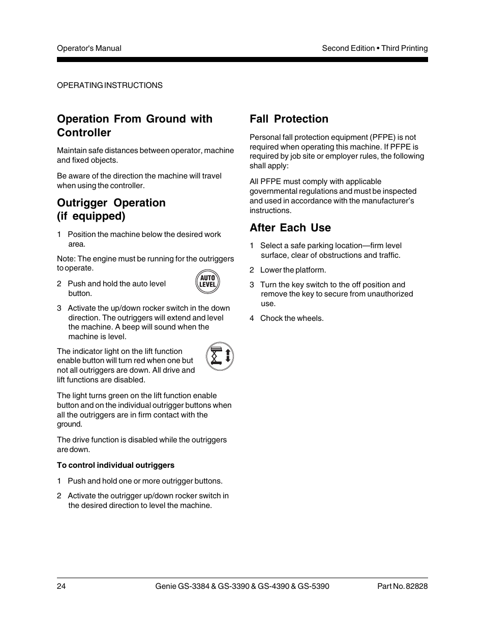Operation from ground with controller, Outrigger operation (if equipped), Fall protection | After each use | Genie GS-5390 User Manual | Page 26 / 36